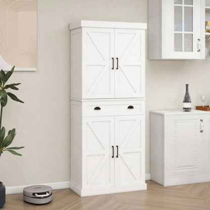 71 Kitchen Pantry Storage Cabinet with 4 Doors2Doors with Racks1 Drawer, 2 Adjustable Shelves, Freestanding Cupboard Kitchen, Dining Room and Living Room - White