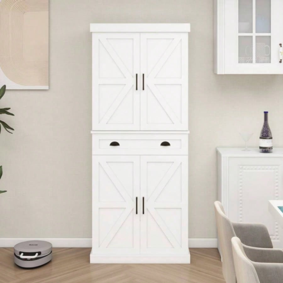 71 Kitchen Pantry Storage Cabinet with 4 Doors2Doors with Racks1 Drawer, 2 Adjustable Shelves, Freestanding Cupboard Kitchen, Dining Room and Living Room - White