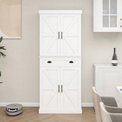 71 Kitchen Pantry Storage Cabinet with 4 Doors2Doors with Racks1 Drawer, 2 Adjustable Shelves, Freestanding Cupboard Kitchen, Dining Room and Living Room - White
