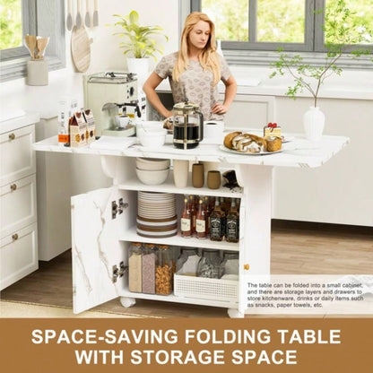 47 Wood Folding Dining Table with storage rack and cabinet, Removable Entryway Table with 6 Wheels, White Marble Color Kitchen Island, Side Table and Coffee Table Versatile Table Space Saving