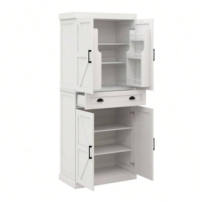 71 Kitchen Pantry Storage Cabinet with 4 Doors2Doors with Racks1 Drawer, 2 Adjustable Shelves, Freestanding Cupboard Kitchen, Dining Room and Living Room - White