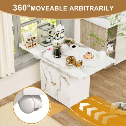 47 Wood Folding Dining Table with storage rack and cabinet, Removable Entryway Table with 6 Wheels, White Marble Color Kitchen Island, Side Table and Coffee Table Versatile Table Space Saving