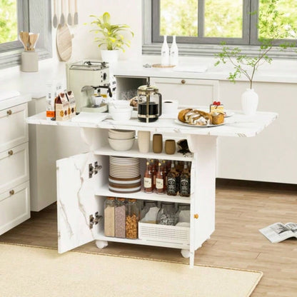 47 Wood Folding Dining Table with storage rack and cabinet, Removable Entryway Table with 6 Wheels, White Marble Color Kitchen Island, Side Table and Coffee Table Versatile Table Space Saving