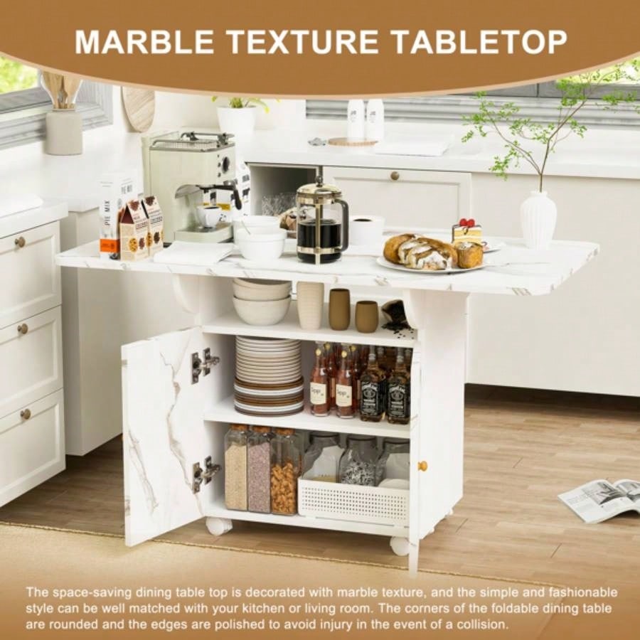 47 Wood Folding Dining Table with storage rack and cabinet, Removable Entryway Table with 6 Wheels, White Marble Color Kitchen Island, Side Table and Coffee Table Versatile Table Space Saving
