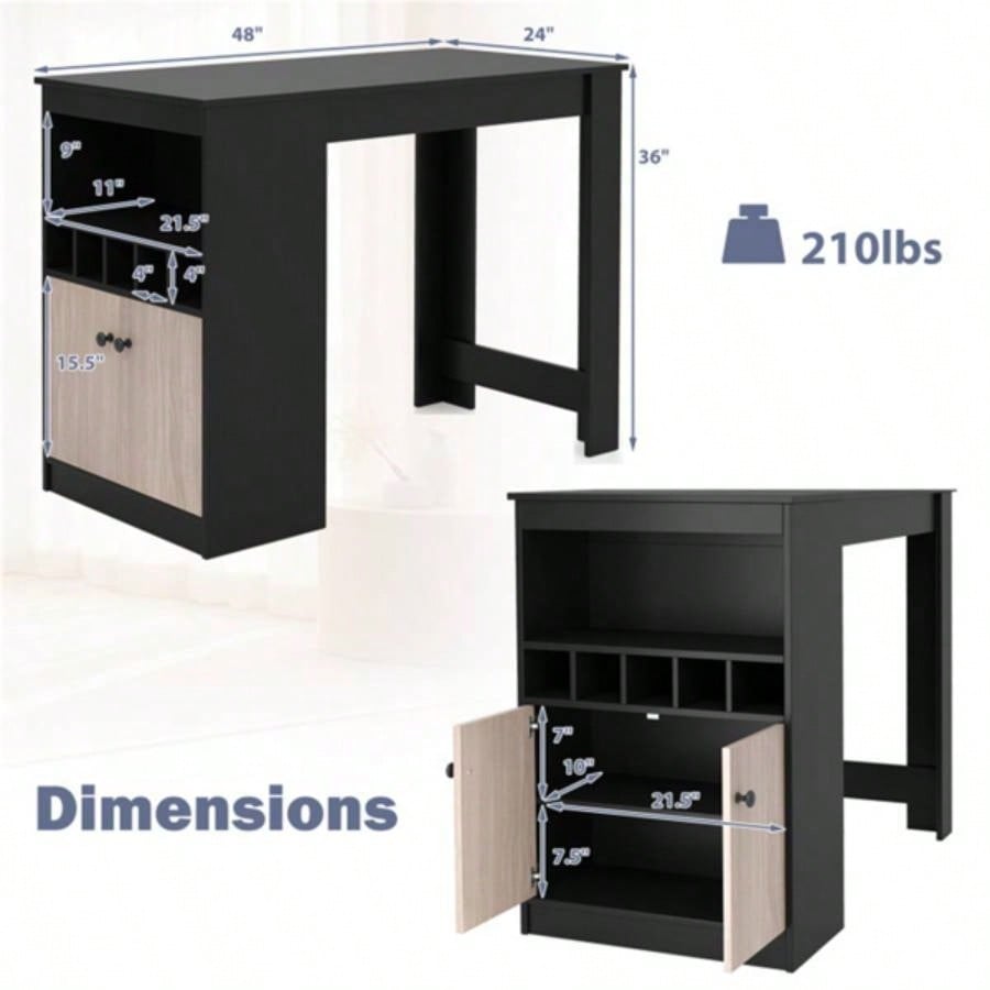 48 inch black kitchen bar table with storage cabinet and wine rack