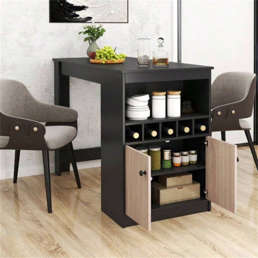 48 inch black kitchen bar table with storage cabinet and wine rack