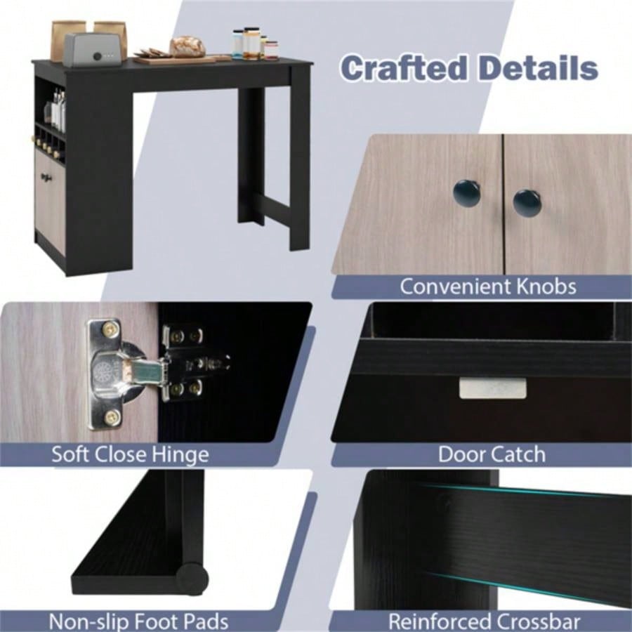 48 inch black kitchen bar table with storage cabinet and wine rack