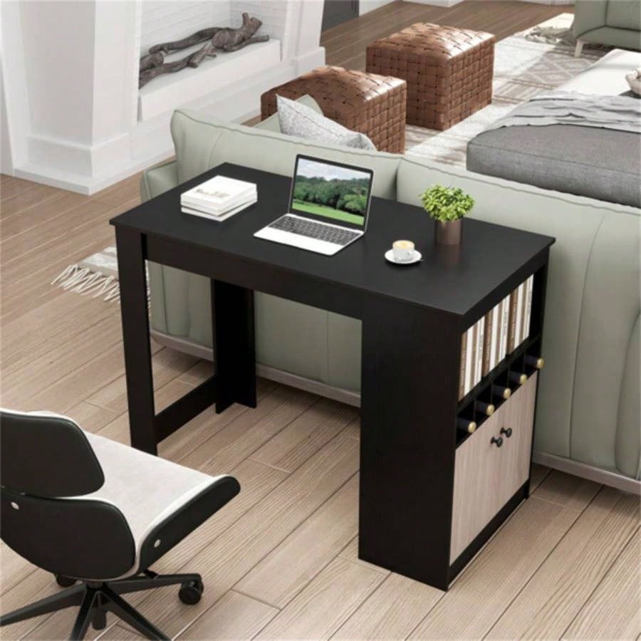 48 inch black kitchen bar table with storage cabinet and wine rack