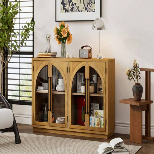 4 - Door Large Storage Sideboard Buffet Cabinet with Glass Doors, Arched Cabinet with Adjustable Shelves Kitchen, Dining Room and Living Room Natural Wood