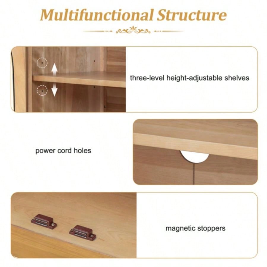 4 - Door Large Storage Sideboard Buffet Cabinet with Glass Doors, Arched Cabinet with Adjustable Shelves Kitchen, Dining Room and Living Room Natural Wood