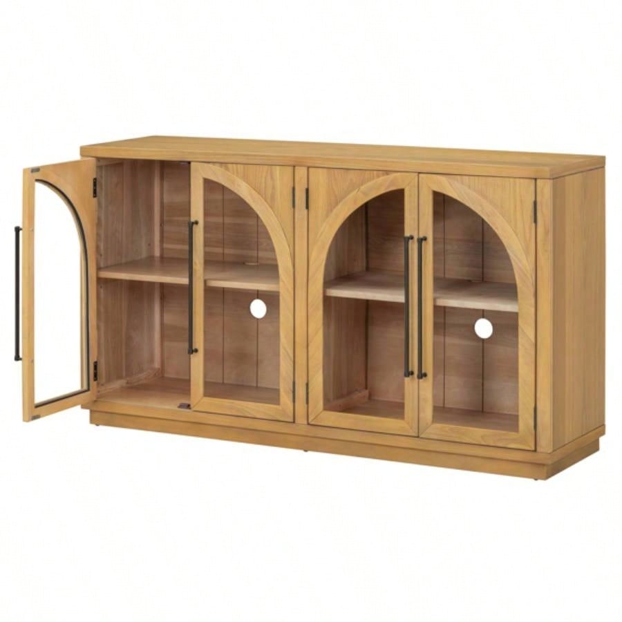 4 - Door Large Storage Sideboard Buffet Cabinet with Glass Doors, Arched Cabinet with Adjustable Shelves Kitchen, Dining Room and Living Room Natural Wood