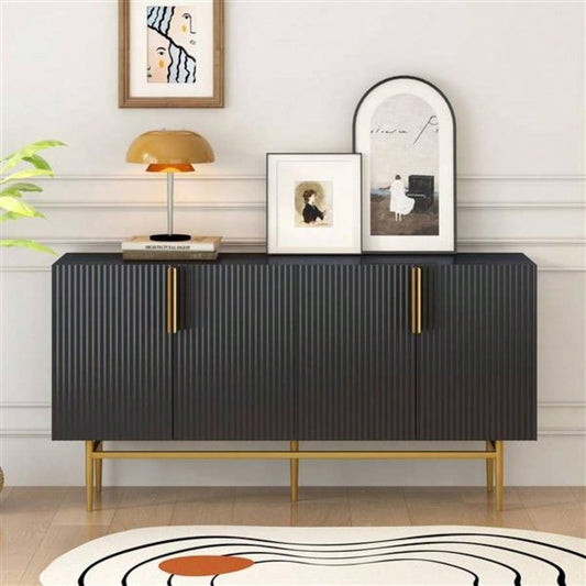 Modern Elegant 4 - door Sideboard Gold Metal Handle Buffet Cabinet Dining Room, Living Room, Bedroom, Hallway Black