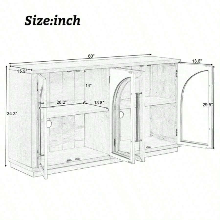 4 - Door Large Storage Sideboard Buffet Cabinet with Glass Doors, Arched Cabinet with Adjustable Shelves Kitchen, Dining Room and Living Room Natural Wood