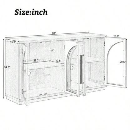 4 - Door Large Storage Sideboard Buffet Cabinet with Glass Doors, Arched Cabinet with Adjustable Shelves Kitchen, Dining Room and Living Room Natural Wood