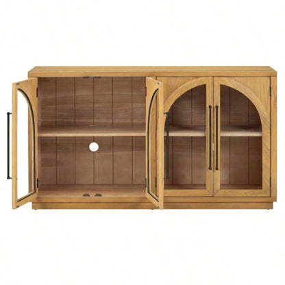 4 - Door Large Storage Sideboard Buffet Cabinet with Glass Doors, Arched Cabinet with Adjustable Shelves Kitchen, Dining Room and Living Room Natural Wood