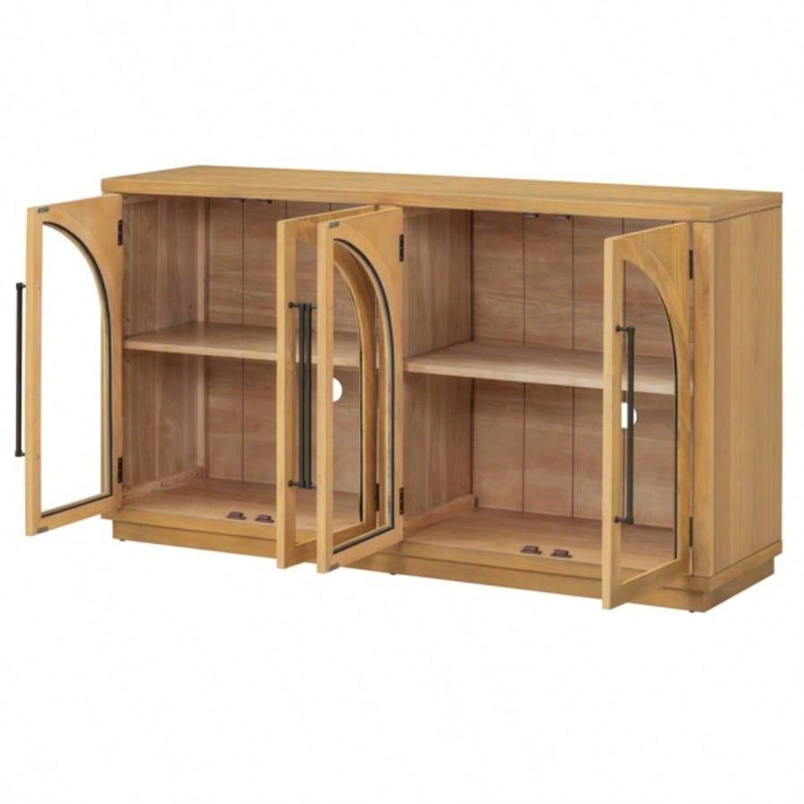 4 - Door Large Storage Sideboard Buffet Cabinet with Glass Doors, Arched Cabinet with Adjustable Shelves Kitchen, Dining Room and Living Room Natural Wood