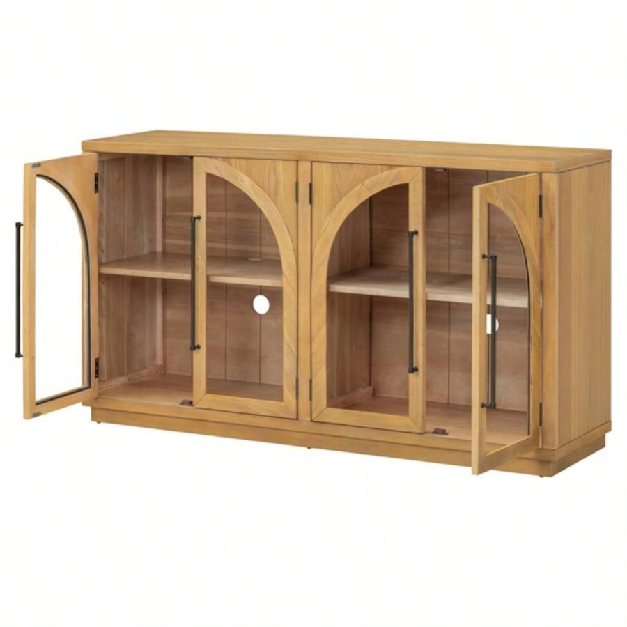 4 - Door Large Storage Sideboard Buffet Cabinet with Glass Doors, Arched Cabinet with Adjustable Shelves Kitchen, Dining Room and Living Room Natural Wood