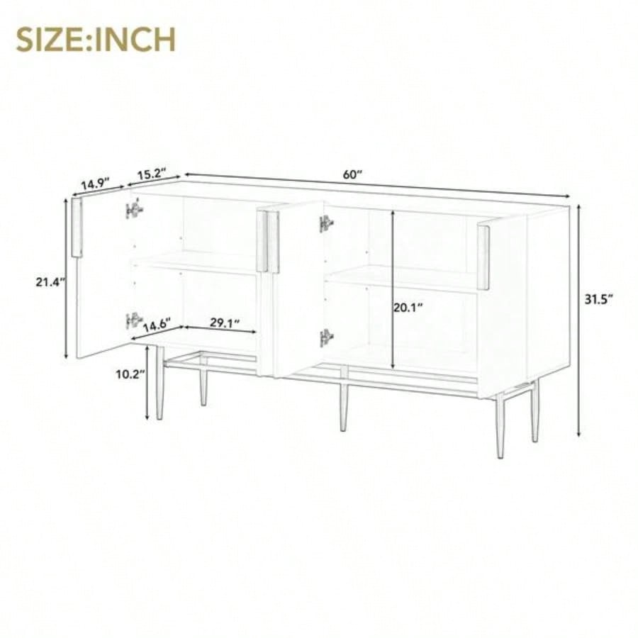 Modern Elegant 4 - door Sideboard Gold Metal Handle Buffet Cabinet Dining Room, Living Room, Bedroom, Hallway Black