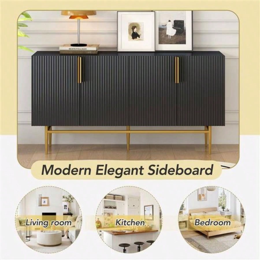Modern Elegant 4 - door Sideboard Gold Metal Handle Buffet Cabinet Dining Room, Living Room, Bedroom, Hallway Black