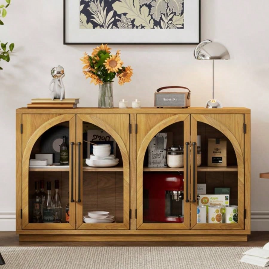 4 - Door Large Storage Sideboard Buffet Cabinet with Glass Doors, Arched Cabinet with Adjustable Shelves Kitchen, Dining Room and Living Room Natural Wood