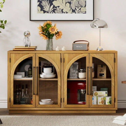 4 - Door Large Storage Sideboard Buffet Cabinet with Glass Doors, Arched Cabinet with Adjustable Shelves Kitchen, Dining Room and Living Room Natural Wood