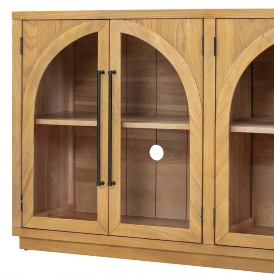4 - Door Large Storage Sideboard Buffet Cabinet with Glass Doors, Arched Cabinet with Adjustable Shelves Kitchen, Dining Room and Living Room Natural Wood