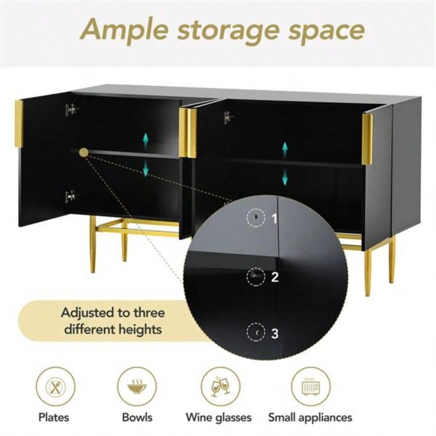 Modern Elegant 4 - door Sideboard Gold Metal Handle Buffet Cabinet Dining Room, Living Room, Bedroom, Hallway Black