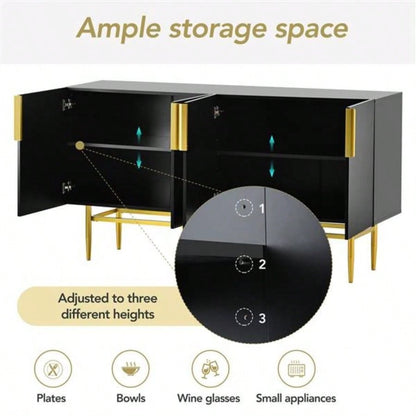 Modern Elegant 4 - door Sideboard Gold Metal Handle Buffet Cabinet Dining Room, Living Room, Bedroom, Hallway Black