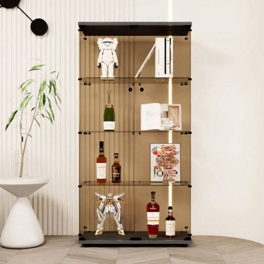 Two - door Tawny Glass Display Cabinet 4 Shelves with Door, Floor Standing Curio Bookshelf Living Room Bedroom Office, 64.31. 14.3Black