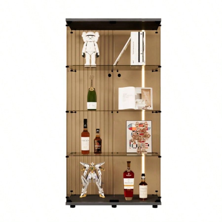 Two - door Tawny Glass Display Cabinet 4 Shelves with Door, Floor Standing Curio Bookshelf Living Room Bedroom Office, 64.31. 14.3Black