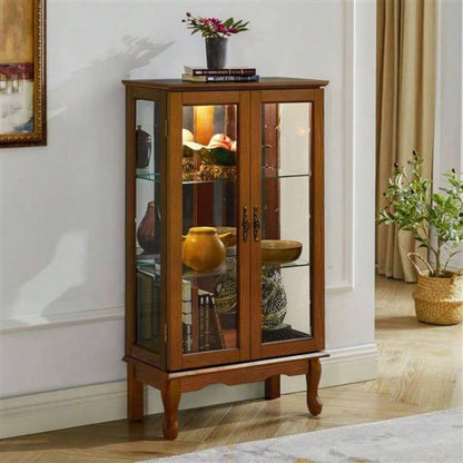 Curio Cabinet Lighted Curio Diapaly Cabinet with Adjustable Shelves and Mirrored Back Panel, Tempered Glass Doors Oak, 3 Tier, E26 light bulb not included