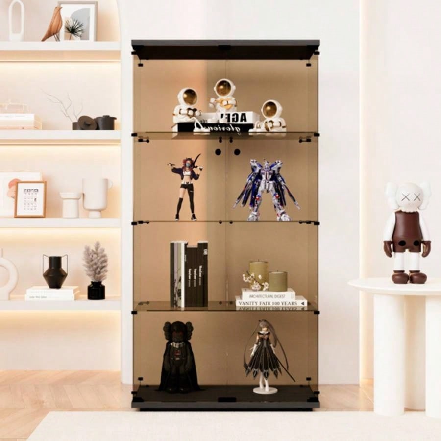 Two - door Tawny Glass Display Cabinet 4 Shelves with Door, Floor Standing Curio Bookshelf Living Room Bedroom Office, 64.31. 14.3Black