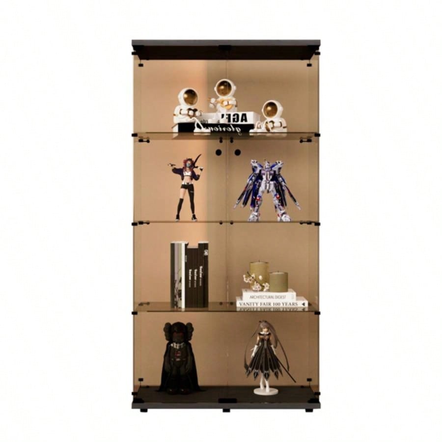 Two - door Tawny Glass Display Cabinet 4 Shelves with Door, Floor Standing Curio Bookshelf Living Room Bedroom Office, 64.31. 14.3Black