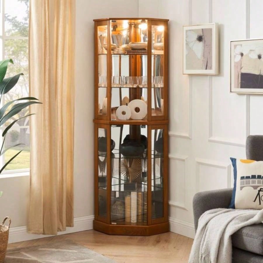 6 Shelf Corner Curio Display Cabinet with Lights, Mirrors and Adjustable Shelves, OakE26 light bulb not included