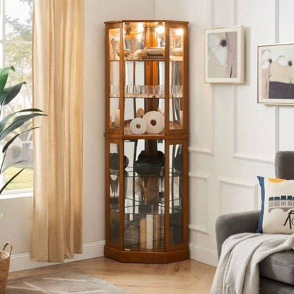 6 Shelf Corner Curio Display Cabinet with Lights, Mirrors and Adjustable Shelves, OakE26 light bulb not included