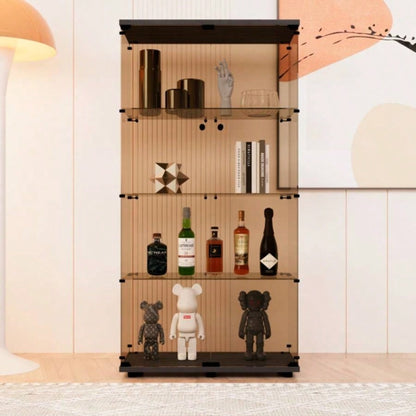 Two - door Tawny Glass Display Cabinet 4 Shelves with Door, Floor Standing Curio Bookshelf Living Room Bedroom Office, 64.31. 14.3Black