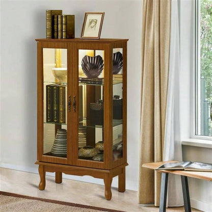Curio Cabinet Lighted Curio Diapaly Cabinet with Adjustable Shelves and Mirrored Back Panel, Tempered Glass Doors Oak, 3 Tier, E26 light bulb not included