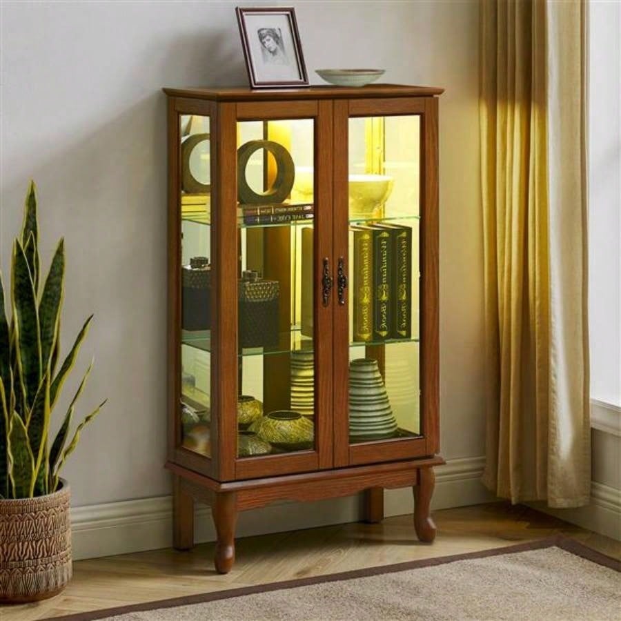Curio Cabinet Lighted Curio Diapaly Cabinet with Adjustable Shelves and Mirrored Back Panel, Tempered Glass Doors Oak, 3 Tier, E26 light bulb not included