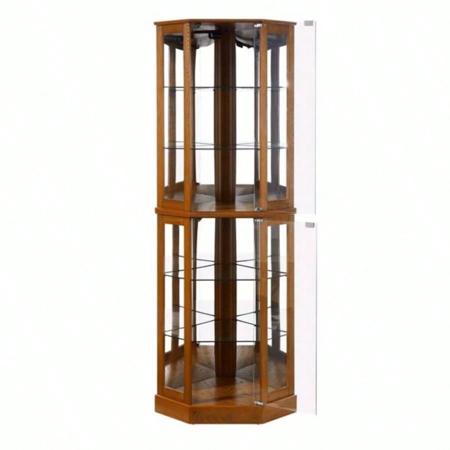 6 Shelf Corner Curio Display Cabinet with Lights, Mirrors and Adjustable Shelves, OakE26 light bulb not included