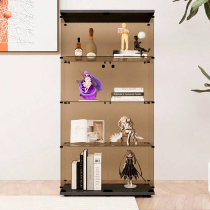 Two - door Tawny Glass Display Cabinet 4 Shelves with Door, Floor Standing Curio Bookshelf Living Room Bedroom Office, 64.31. 14.3Black
