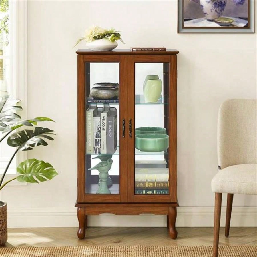 Curio Cabinet Lighted Curio Diapaly Cabinet with Adjustable Shelves and Mirrored Back Panel, Tempered Glass Doors Oak, 3 Tier, E26 light bulb not included
