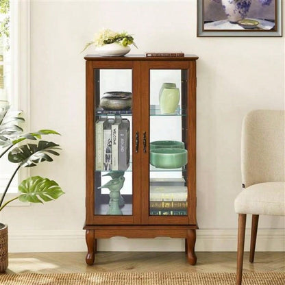 Curio Cabinet Lighted Curio Diapaly Cabinet with Adjustable Shelves and Mirrored Back Panel, Tempered Glass Doors Oak, 3 Tier, E26 light bulb not included