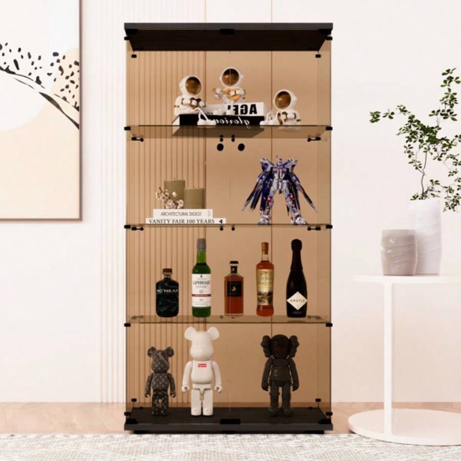 Two - door Tawny Glass Display Cabinet 4 Shelves with Door, Floor Standing Curio Bookshelf Living Room Bedroom Office, 64.31. 14.3Black