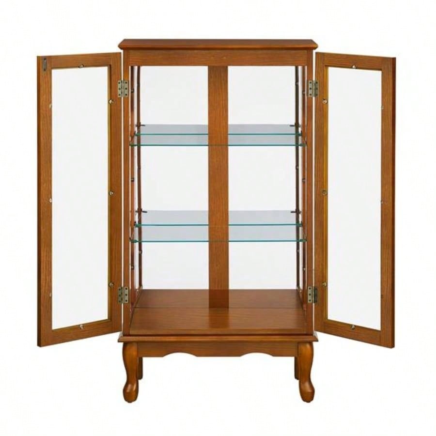 Curio Cabinet Lighted Curio Diapaly Cabinet with Adjustable Shelves and Mirrored Back Panel, Tempered Glass Doors Oak, 3 Tier, E26 light bulb not included