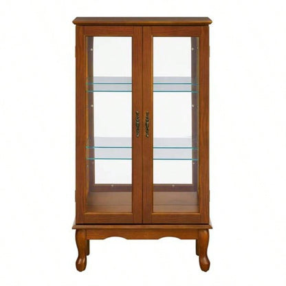 Curio Cabinet Lighted Curio Diapaly Cabinet with Adjustable Shelves and Mirrored Back Panel, Tempered Glass Doors Oak, 3 Tier, E26 light bulb not included