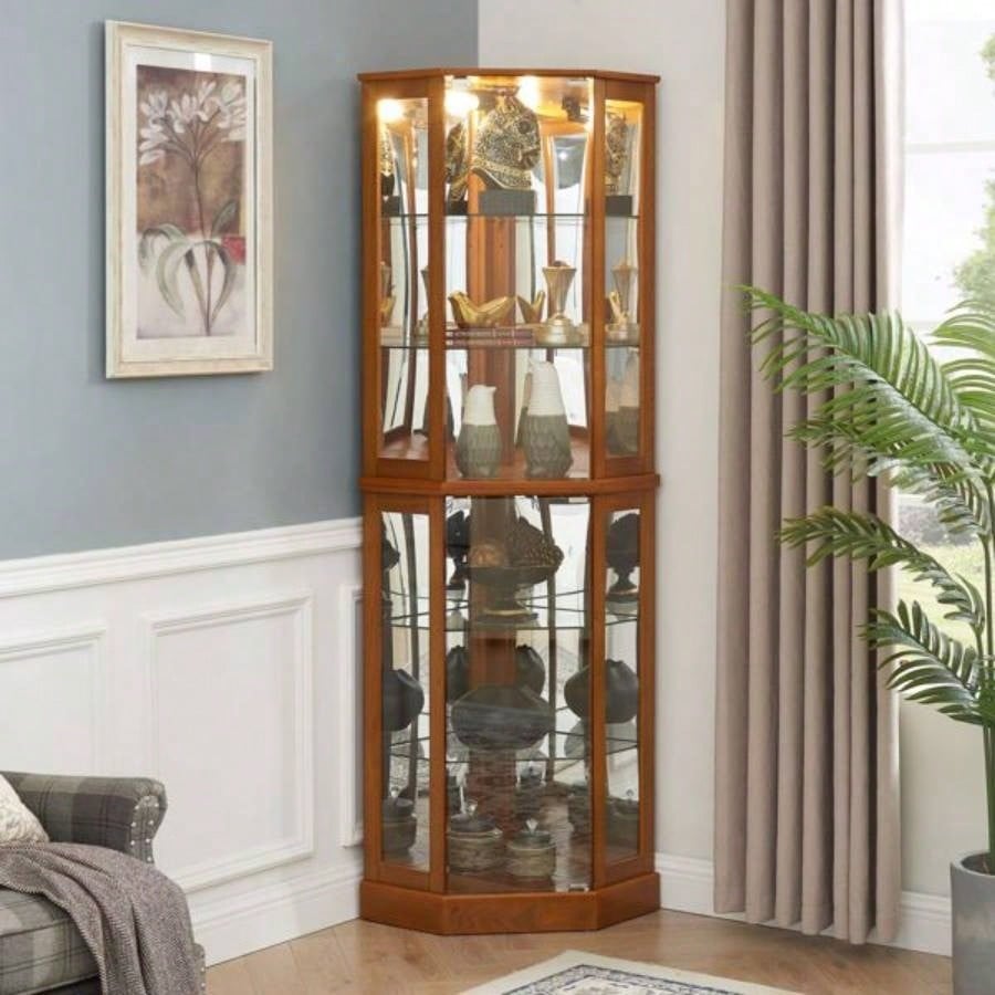 6 Shelf Corner Curio Display Cabinet with Lights, Mirrors and Adjustable Shelves, OakE26 light bulb not included