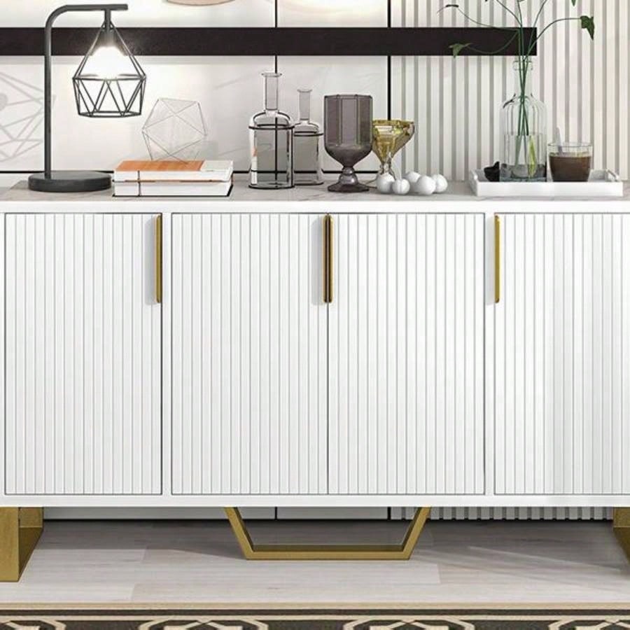 Modern sideboard with Four Doors, Metal handles and Adjustable Shelves Kitchen Cabinet White