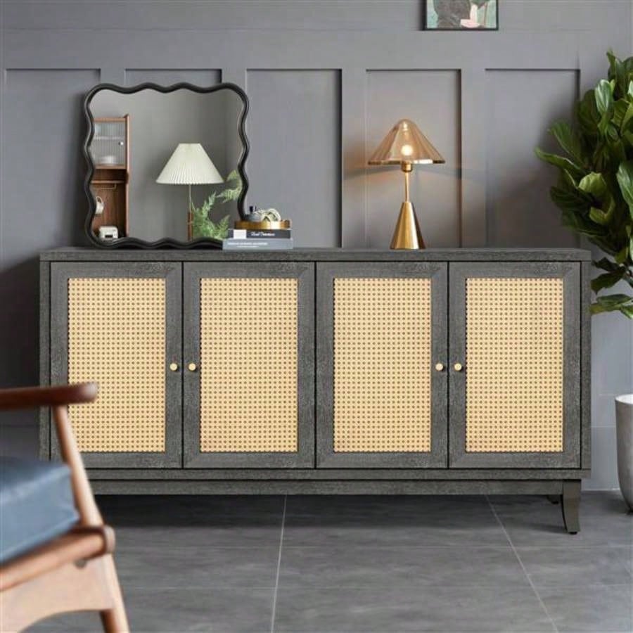 Handcrafted Premium Grain Panels, Rattan Sideboard Buffer Cabinet With 4 Rattan Doors, Modern Storage Cupboard Console Table with Adjustable Shelves Living RoomAntique Dark Gray