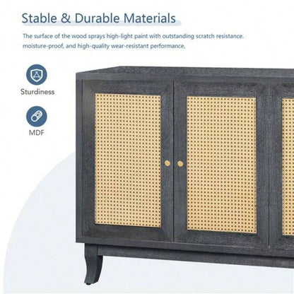 Handcrafted Premium Grain Panels, Rattan Sideboard Buffer Cabinet With 4 Rattan Doors, Modern Storage Cupboard Console Table with Adjustable Shelves Living RoomAntique Dark Gray