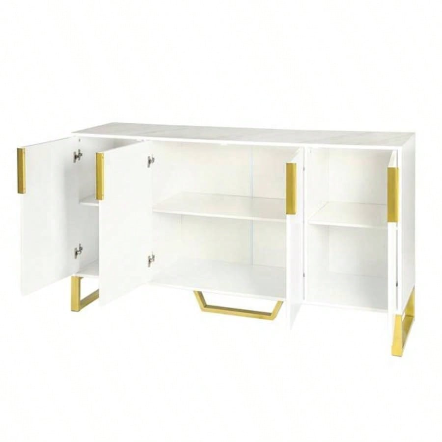 Modern sideboard with Four Doors, Metal handles and Adjustable Shelves Kitchen Cabinet White